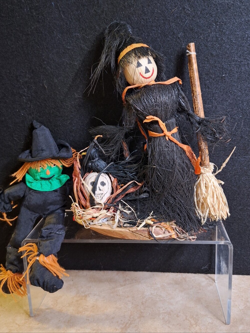 Vintage 90s Corn Husk Witch Skull Raven Crow Halloween Decor Fabric Scarecrow